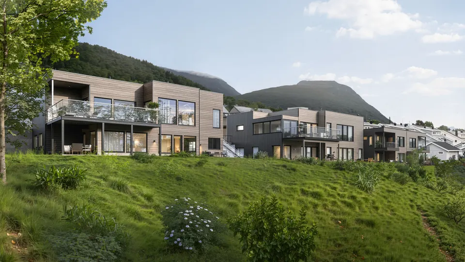 Boliger i tre i en grønn li, med fjell bak
